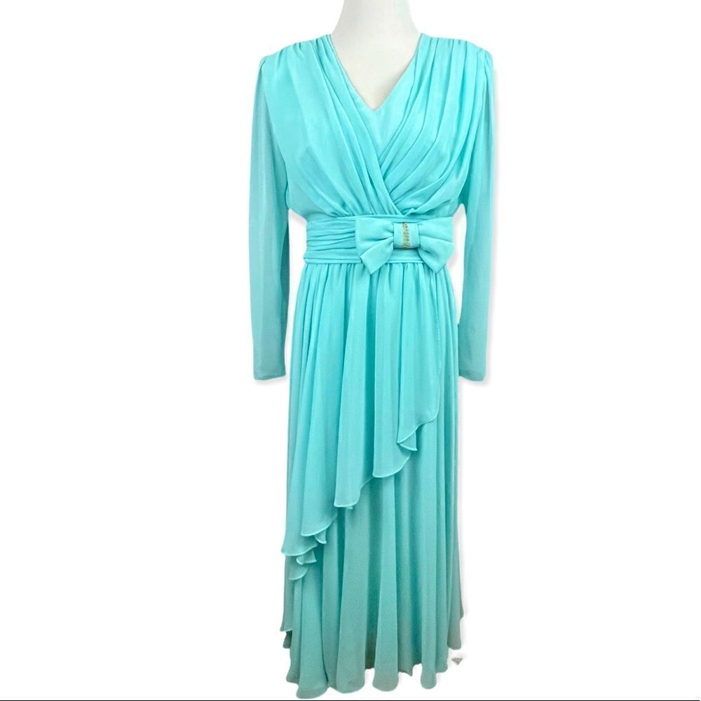 Vintage 70’s/ 80’s Miss Eliette Aqua Chiffon Maxi Evening Dress 8